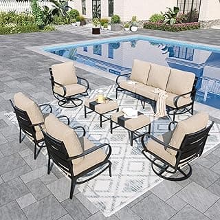 Sophia & William Patio Furniture Sets for 7 Outdoor Conversation Set 7 Pcs with 2 x Swivel Chairs, 2 x Armrest Sofa Chairs, 1 x 3-Seat Sofa, 2 x Ottomans for Coffee Garden Backyard Poolside Beige