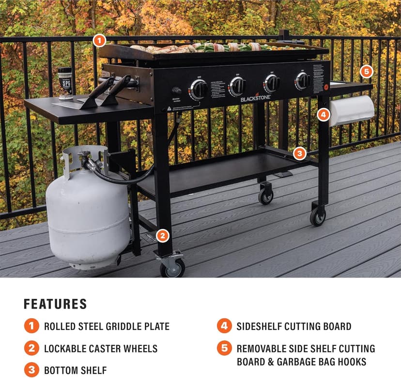 Blackstone 36" Cooking Station 4 Burner Propane Fuelled Restaurant Grade Professional 36 Inch Outdoor Flat Top Gas Griddle with Built in Cutting Board, Garbage Holder and Side Shelf (1825), Black