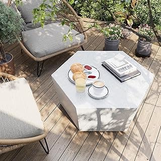 UPHA 35-inch Modern Outdoor Concrete Coffee Table Patio Hexagon Cement Accent Furniture Piece for Garden, Backyard, Balcony, and Living Room, Terrazzo White Texture