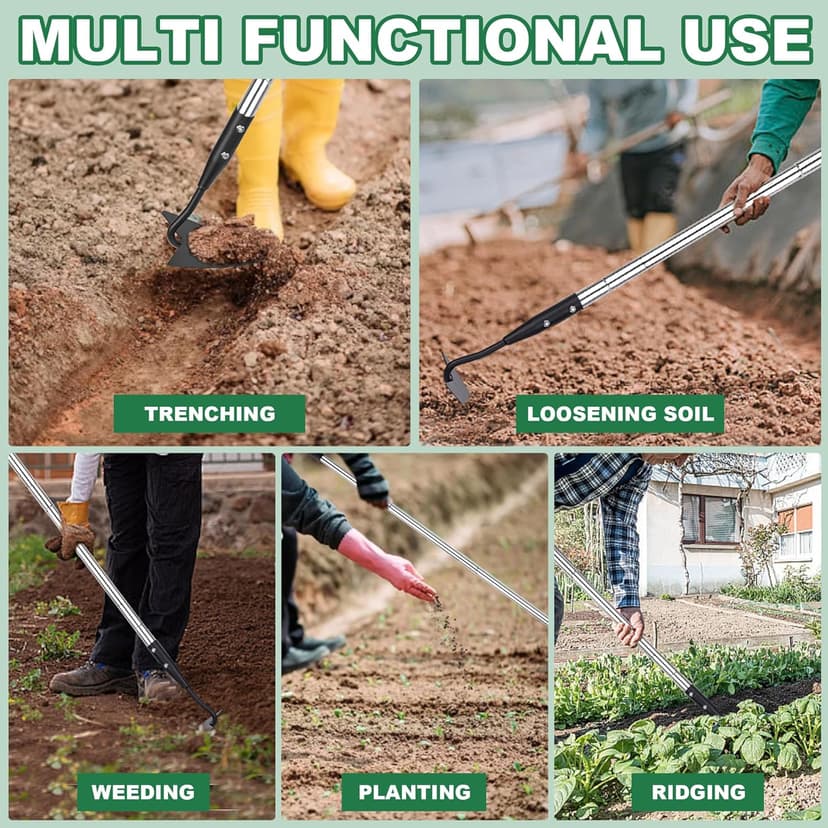 Warren Hoe, Carbon Steel Triangle Garden Hoe with Stainless Steel 57" Adjustable Long Handle, Heavy Duty Gardening Hand Tools Hoe for Ridging Weeding Digging Loosening Edging Soil
