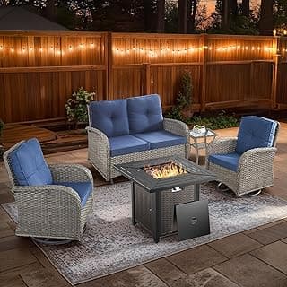 5 Piece Patio Furniture Set with Fire Pit Table - Wicker Patio Conversation Set with Swivel Glider, Glider Loveseat, Tempered Glass Side Table for Deck Backyard - Grey Wicker Blue Cushion
