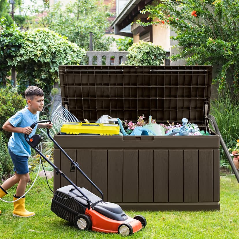 Greesum 82 Gallon Resin Deck Box Large Outdoor Storage for Patio Furniture, Garden Tools, Pool Supplies, Weatherproof and UV Resistant, Lockable, Dark Brown