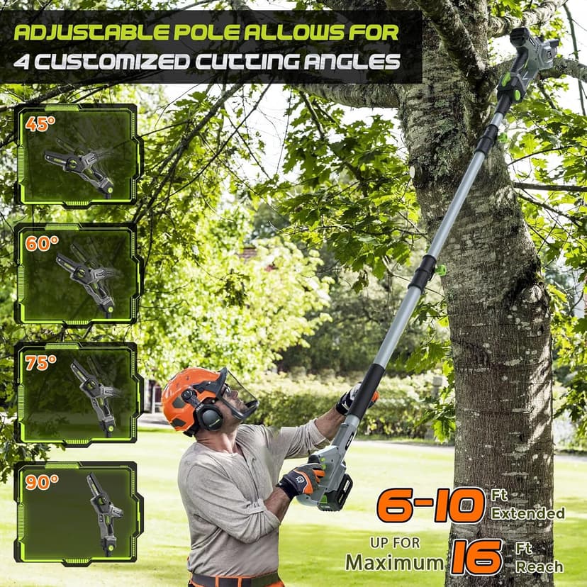 2-in-1 Cordless Pole Saw (2025 Upgraded), 7 Inch Brushless Mini Chainsaw with Extension Pole, Pole Saws for Tree Trimming Battery Powered with 2x 20V 4000 mAh Battery, 16ft Reach Electric Pole Saw
