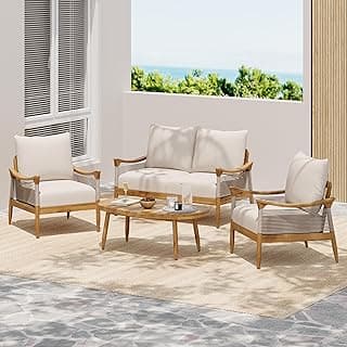 Christopher Knight Home Havets 4 Piece Patio Conversation Sets, Outdoor Acacia Wood Patio Seating Group,Woven Rope Loveseat Chairs with Cushions and Coffee Table for Porch Backyard Balcony, Teak+Beige