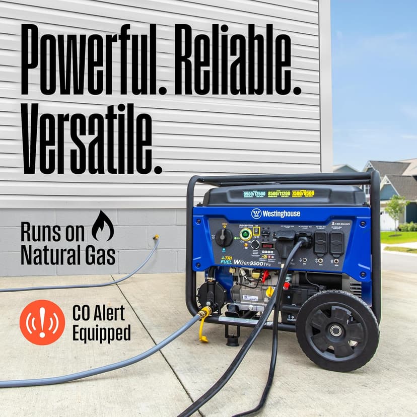 Westinghouse 12500 Peak Watt Tri-Fuel Home Backup Portable Generator, Remote Electric Start, Transfer Switch Ready, Gas, Propane, and Natural Gas Powered