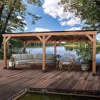 Backyard Discovery Arcadia 20' x 9.5' Cedar Wood Outdoor Gazebo Pavilion with Hardtop Galvanized Steel Slope Roof, Snow Support, Wind Resistance, PowerPort, Shade for Garden, Patio, Deck, Entertaining