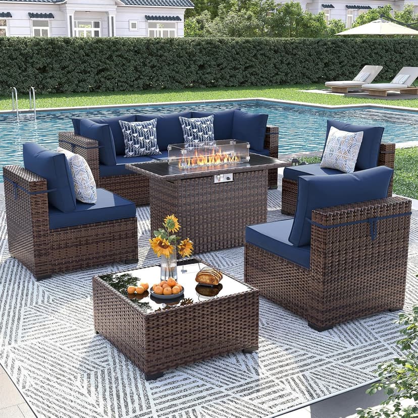 UDPATIO Patio Furniture Set with Fire Pit Table, 8 Piece Outdoor Sectional Modular Sofa, Wicker Outdoor Furniture Conversation Sets with Waterproof Cover for Backyard Deck (Brown/Navy Bule)