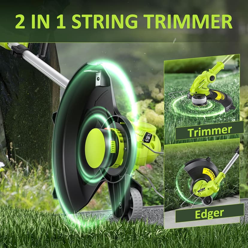 Electric String Trimmer Cordless with 2x2.0Ah Battery, 20V Battery Powered 12-inch Lawn Mover & Edger Lawn Tool with Charger, Powered Grass Trimmer with 8pcs Spool Line for Yard, Garden, Green