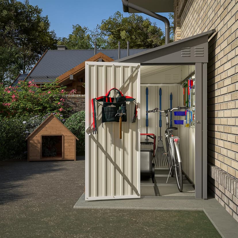 4x8 FT Outdoor Storage Shed with Floor,Lean to Metal Shed W/Lockable Door,All Weather Waterproof Garden Tool House W/ 2 Air Vents,for Backyard,Patio,Lawn,Garden,Gray