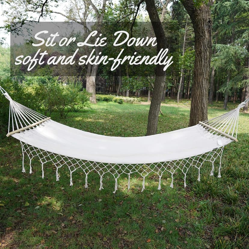 Double White Natural Canvas Handmade Hammock Beautiful Boho Style, Brazilian Deluxe Hammock Bed of Indoor Bedroom or Outdoor Tree, Patio, Porch, Yard, Beach for Camping, Hiking, Travel, Decor