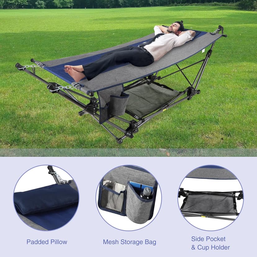 RedSwing Portable Folding Hammock with Stand,Foldable Camping Hammock with Removable Pillow,Storage Net,Foldable Lounge Camping Bed for Adults for Outdoor,Backyard,Beach,Garden,Lawn