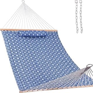 Lazy Daze Hammocks 12 FT Double Quilted Fabric Hammock with Spreader Bars and Detachable Pillow, 2 Person Hammock for Outdoor Patio Backyard Poolside, 450 LBS Weight Capacity, Blue Floral,HM003648