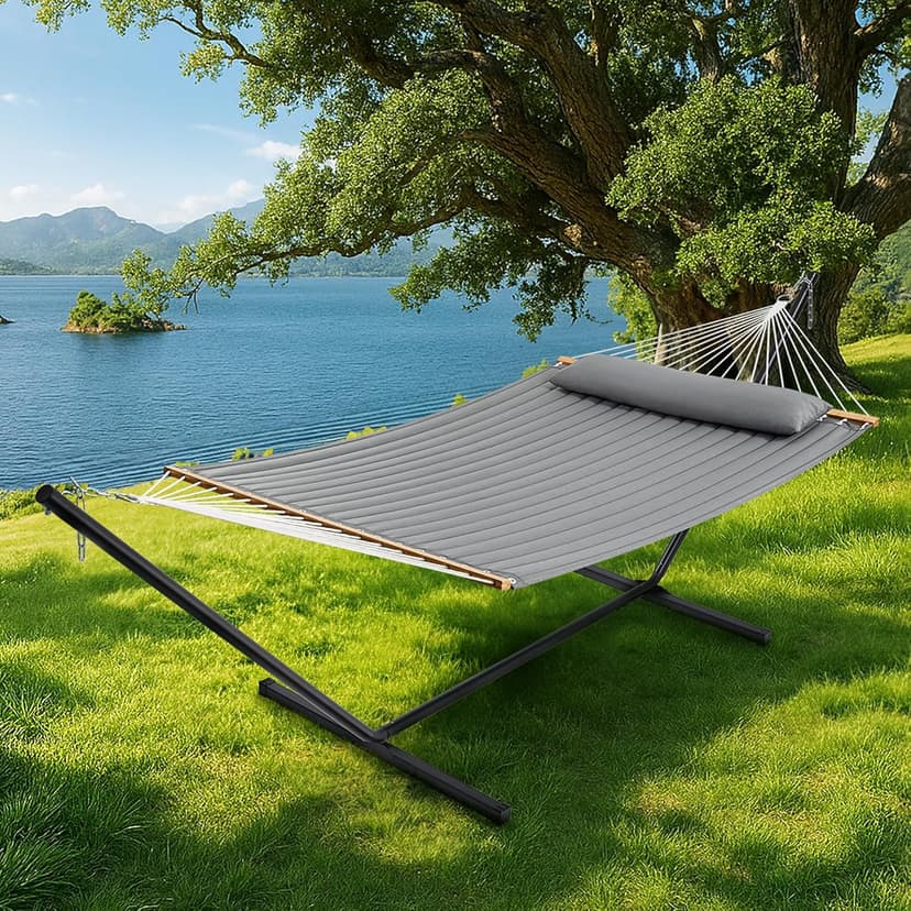 SUPERJARE Hammock with Stand, 2 Person Quilted Outdoor Hammock, Detachable Pillow & Bamboo Spreaders, Portable Hammock with Carrying Bag, Heavy Duty Stand, Perfect for Outside, Patio, Gray