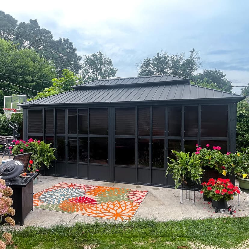 PURPLE LEAF 12' X 20' Sunroom Permanent Hardtop Gazebo Solarium Galvanized Steel Double Roof Aluminum Outdoor Screen House for Patio Deck Backyard Grey