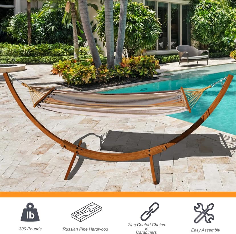 Lazy Daze Hammocks 10.5 FT Outdoor Arc Wood Hammock Stand, 2 Person Russian Pine Hardwood Hammock Stand with Carabiners and Chains, for Outdoor Patio Garden Poolside, 300lb Capacity,Brown