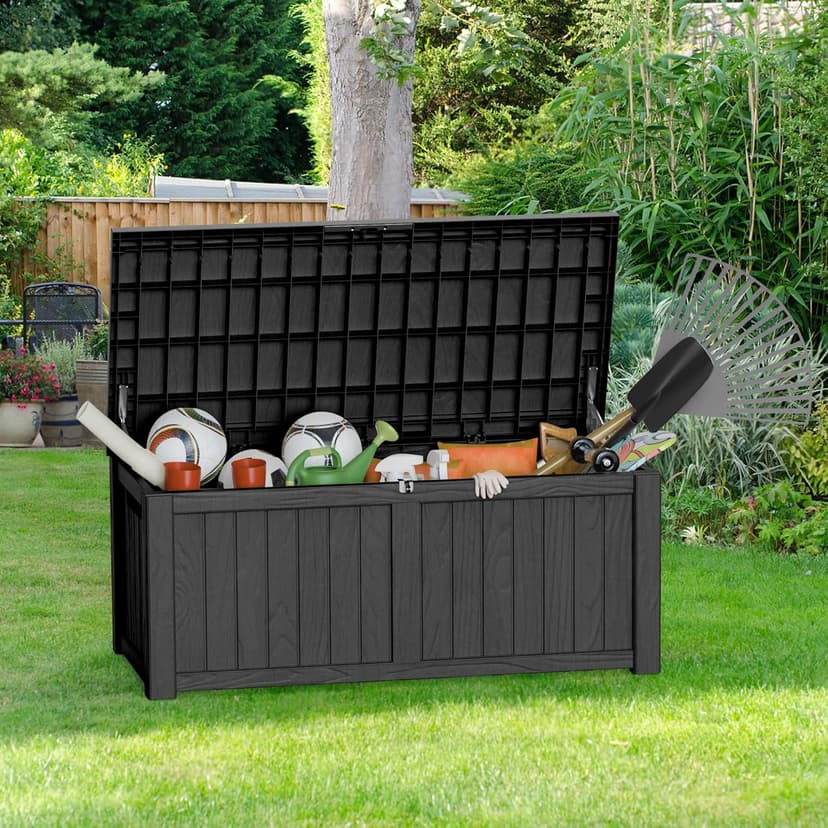 120 Gallon Lockable Resin Deck Box, Waterproof & UV-Resistant Outdoor Storage Box for Outdoor Cushion Storage and Delivery Storage Box, Black