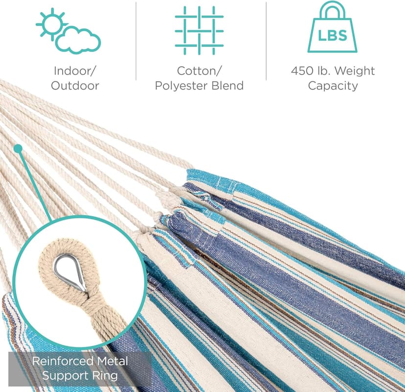 Best Choice Products Double Hammock with Steel Stand, Indoor Outdoor Brazilian-Style Cotton Bed w/Carrying Bag, 2-Person Capacity - Ocean