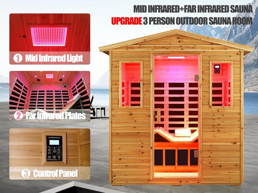 Outdoor Sauna 3 Person Infrared Sauna, Infrared Saunas for Home, 1950W Low EMF Far Infrared Sauna Old Fir Wooden Sauna with Beauty Red Light, Foldable Seat, Bluetooth, Chromotherapy Lamp, Reading Lamp