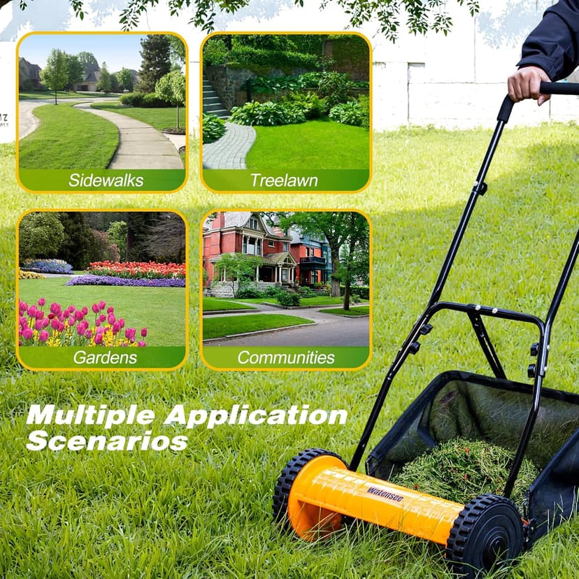 Walensee 16-Inch 5-Blade Push Reel Lawn Mower, Cordless Manual Reel Lawn Mower Walk-Behind Steel Lawn Mowers with Removable 7.9-Gallon Grass Catcher, Sponge Grip, 4-Position Cutting Height Adjustment