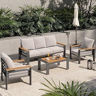 Aoxun Aluminum Outdoor Patio Furniture Set, 5 Seats Outdoor Sectional with Coffee Table, Patio Conversation Sets with Upgraded Armrests and Cushions for Backyard, Garden and Poolside