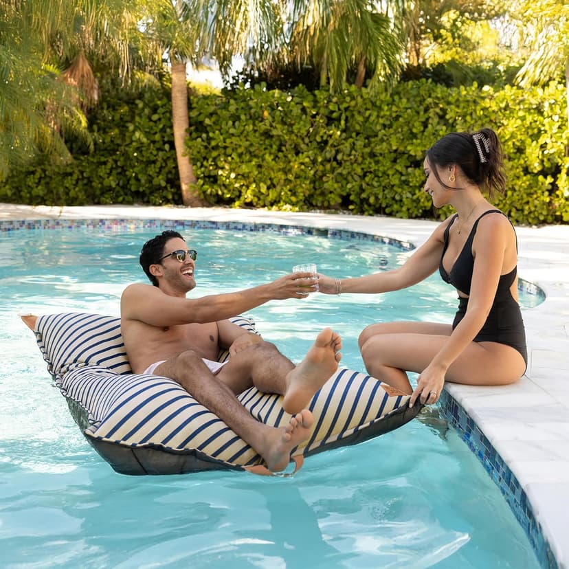 Big Joe Lux Lagoon Lounger Pool Float, Navy and Ivory Cape Stripe, Premier Mesh, Durable UV Protected Polyester Blend, No Inflation Needed