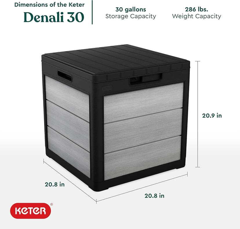 Keter Denali 30 Gallon Resin Outdoor Storage Box and Patio Storage Box Side Table for Pool and Garden Accessories, Grey & Black