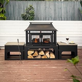 70 Inch Rectangular Outdoor Fireplace - Steel Woodburning Fireplace with Side Tables - Fire Place with Integrated Log Storage and Log Poker - Durable Fireplace for Patio Backyard