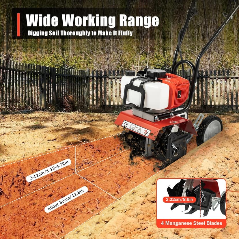 Garden Tiller Cultivator,52CC 2-Stroke Gas Powered Engine Rototiller Garden Tool with Widened Mud Flap Cordless with Long Handle Strong Power Garden Cultivator for Plowing Turning Soil Ditching