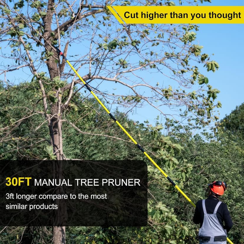 30 FT Manual Pole Saw for Tree Trimming, Extendable Tree Pruner with Sharp Steel Blade and Scissors for High Branches, Sturdy Design Ideal for Pruning Palms and Shrubs