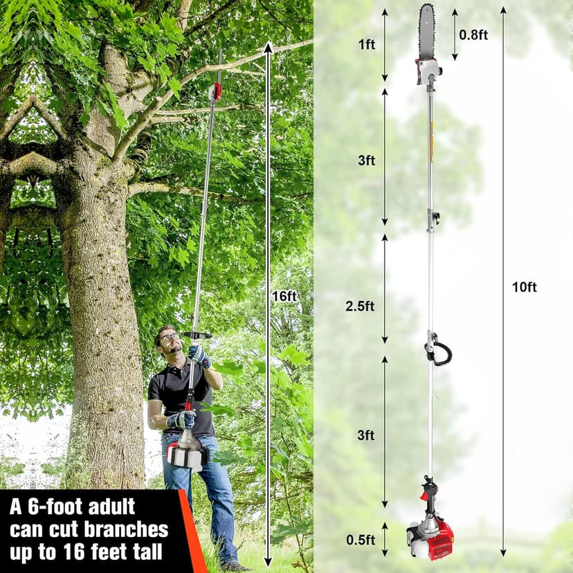 Pole Saw Gas Powered, 58CC Extendable Reach to 16FT, 2 Cycle Powerful Gas Pole Saw 11.5inch Guide Bar Gas Pole Saws for Tree Trimming,Upgrade