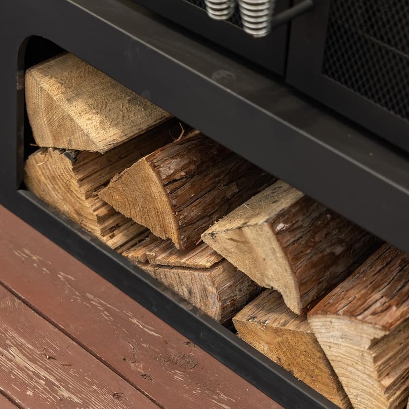 70 Inch Rectangular Outdoor Fireplace - Steel Woodburning Fireplace with Side Tables - Fire Place with Integrated Log Storage and Log Poker - Durable Fireplace for Patio Backyard