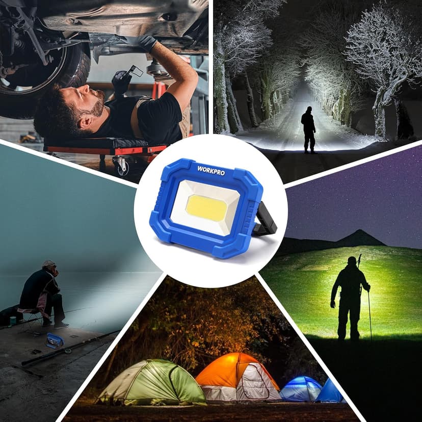 WORKPRO LED Work Light, Rechargeable Magnetic Work Lights with Stand, Portable, Waterproof, 2000LM COB Flood Light for Camping, Fishing, Car Repair, Job Site Lighting, Hiking, 4 Modes, 2 Pack