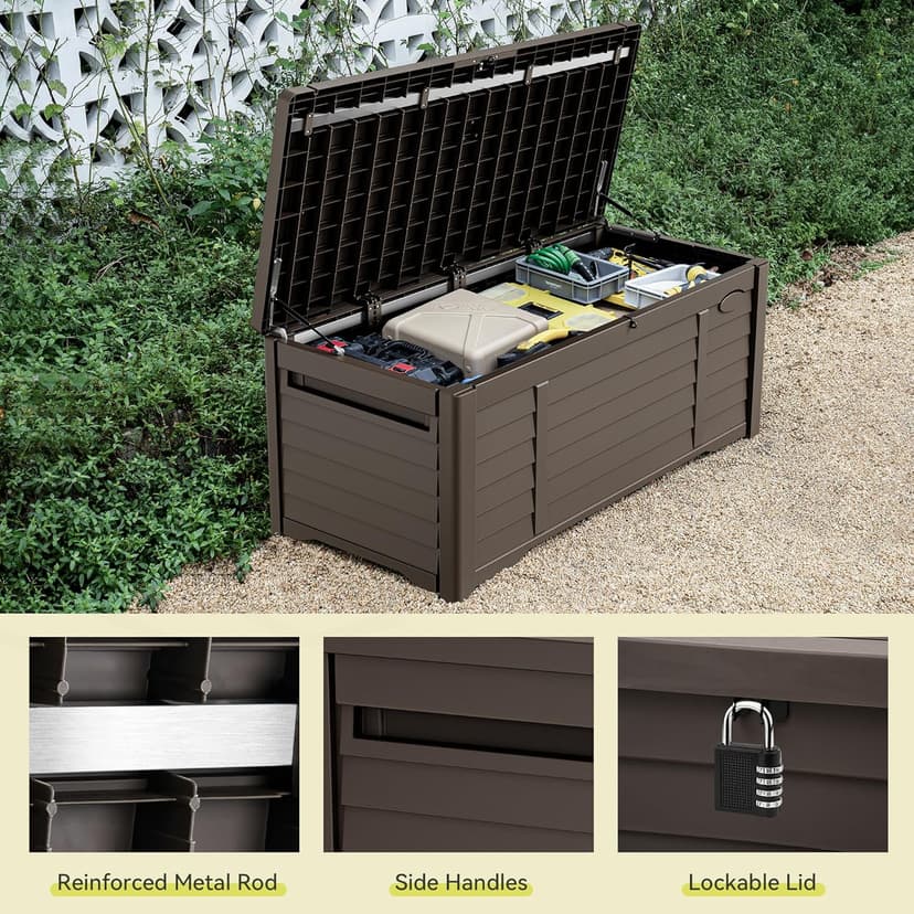 YITAHOME 120 Gallon Large Outdoor Storage Deck Box, Waterproof Cushion Storage Bench with Lockable Lid for Patio, Pool Supplies, Garden Tools, Resin, Dark Brown