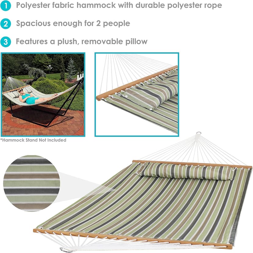 Sunnydaze Quilted Outdoor Hammock with Spreader Bars - Heavy-Duty 450-Pound Capacity Double Hammock for Outside - Khaki Stripe