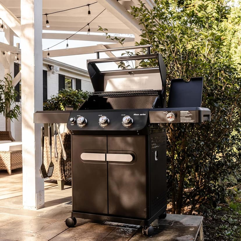 Monument Grills Outdoor Barbecue Stainless Steel 3 Burner Propane Gas Grill, 48,000 BTU Patio Garden Grill with Side Burner and Knob Controls, Mesa325, Black