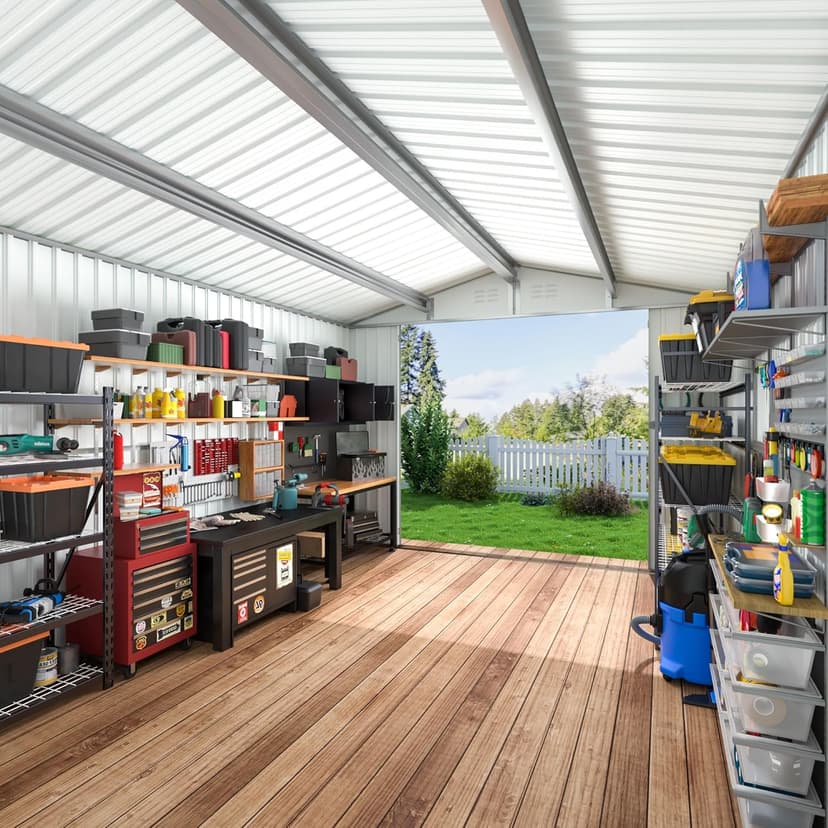 10x12 FT Outdoor Storage Shed, Metal Garden Tool Shed with Updated Frame Structure and Lockable Doors, Ideal for Garden Backyard Patio Lawn, Grey