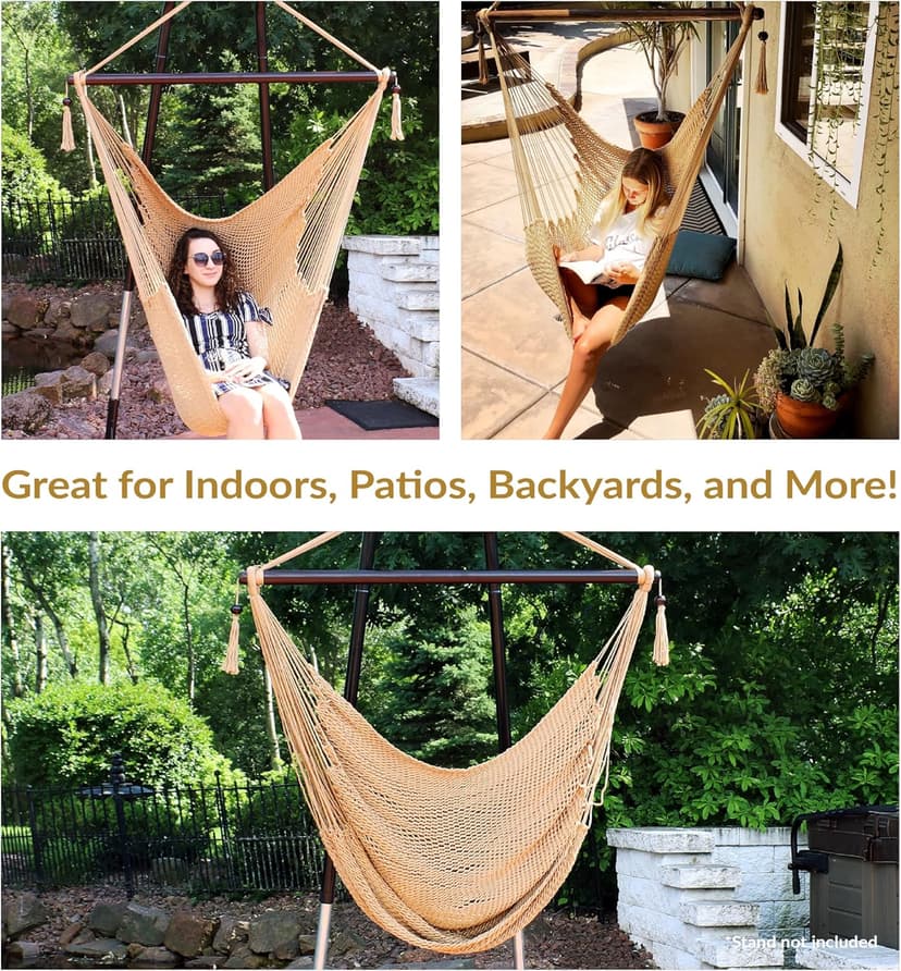 Sunnydaze Outdoor Hammock Chair Swing - Hanging Hammock Swing - Hanging Reading Chair - Soft-Spun Polyester Rope - Caribbean XL - Tan