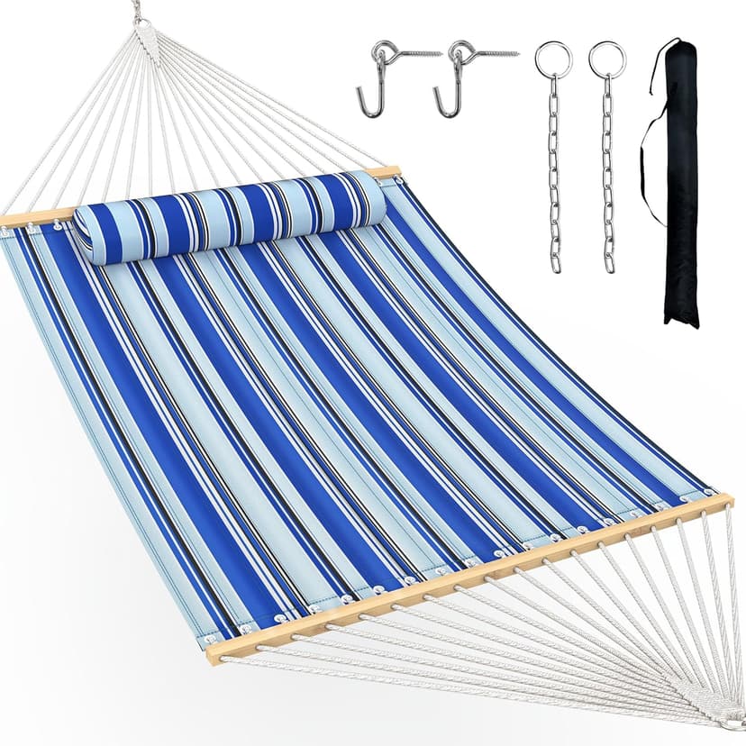 Double Hammock with Spreader Bar,Soft Pillow,Max Load 500lbs,Portable Hammock for Outdoor,Camping,and Backyard,Blue