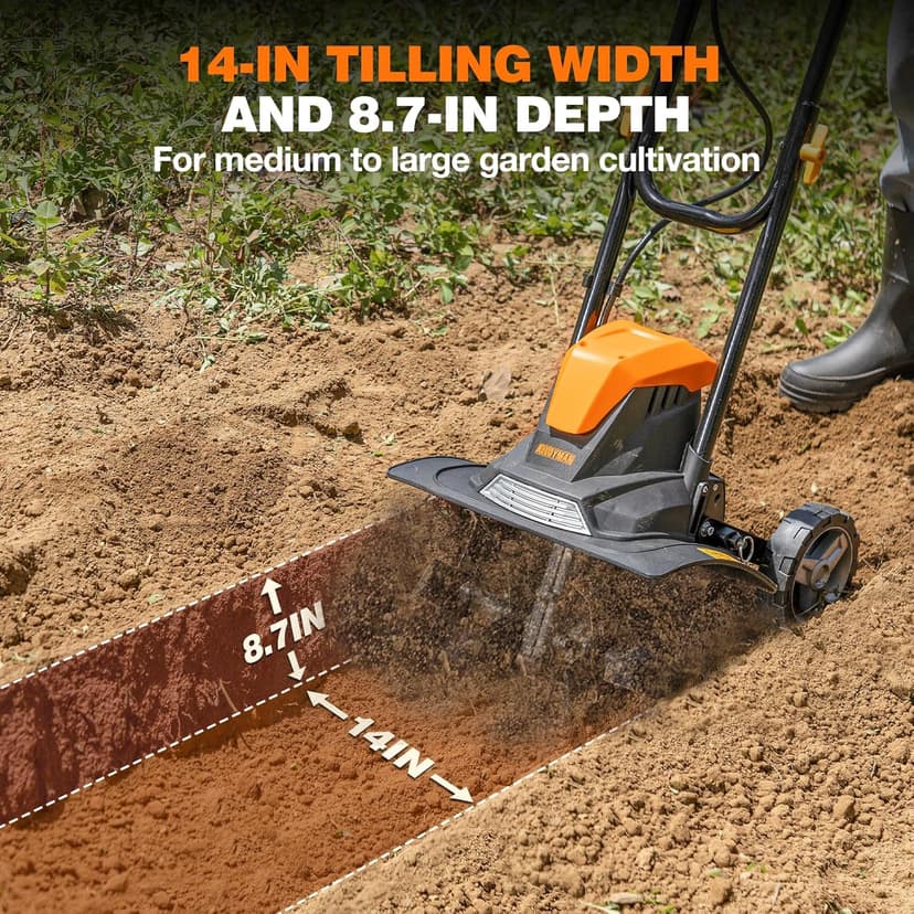 Alloyman 10-Amp Electric Tiller Cultivator, 14 Inch Tilling Width 8.7-Inch Corded Tiller with Foldable Handle, Adjustable Wheels Rototiller for Garden Lawn Yard Soil Cultivation