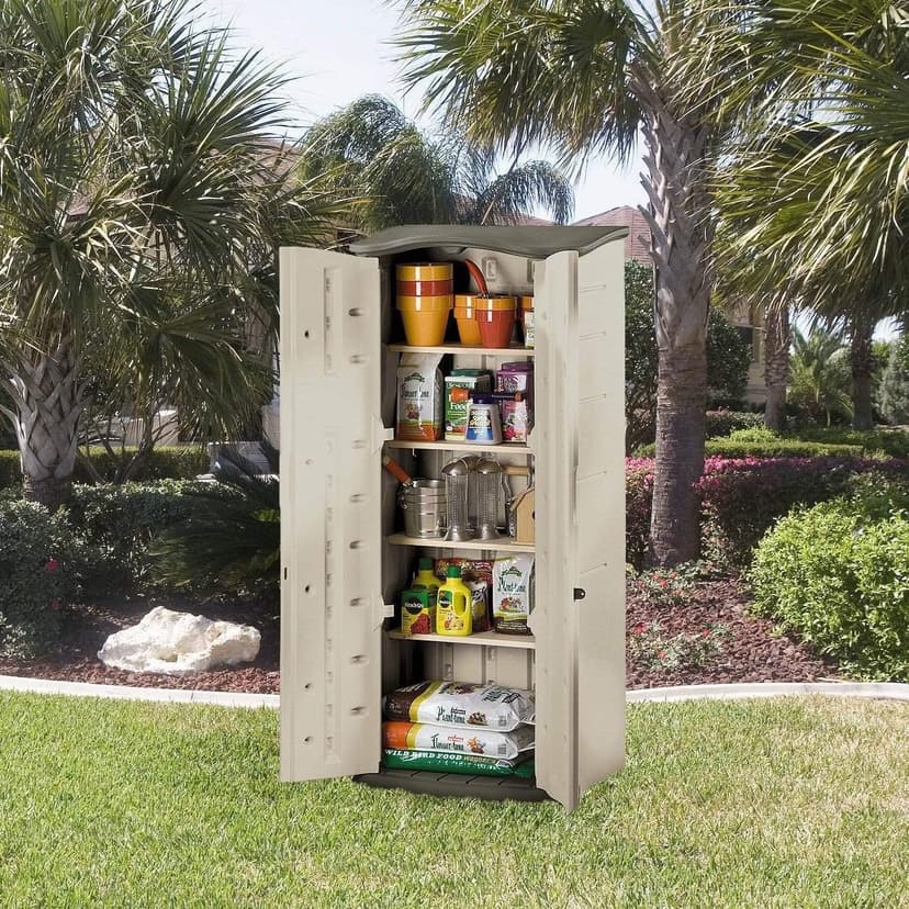 Rubbermaid Compact Vertical Resin Storage Shed With Floor (2 x 2.5 Ft), Weather Resistant, Beige/Brown, Organization for Home/Backyard/Garden Tools/Porch/Patio Cushions/Pool Chemicals/Toys