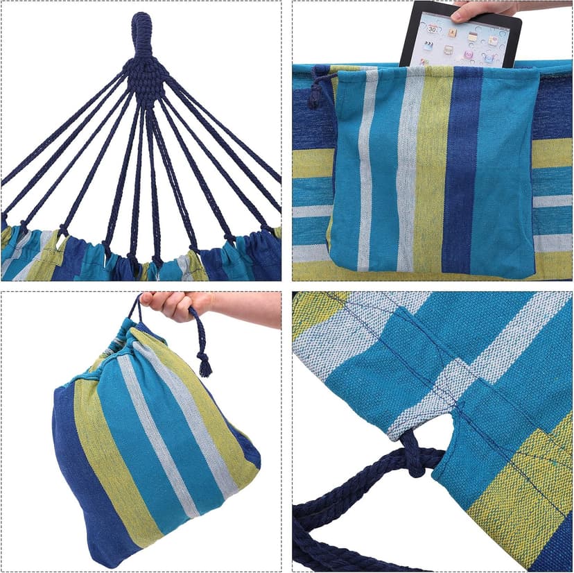 SONGMICS Double Hammock, 98.4 x 59.1 Inches, 660 lb Load Capacity, with Hanging Straps, Carabiners, Carry Bag, for Garden, Outdoor, Camping, Blue and Yellow Stripes UGDC15YU