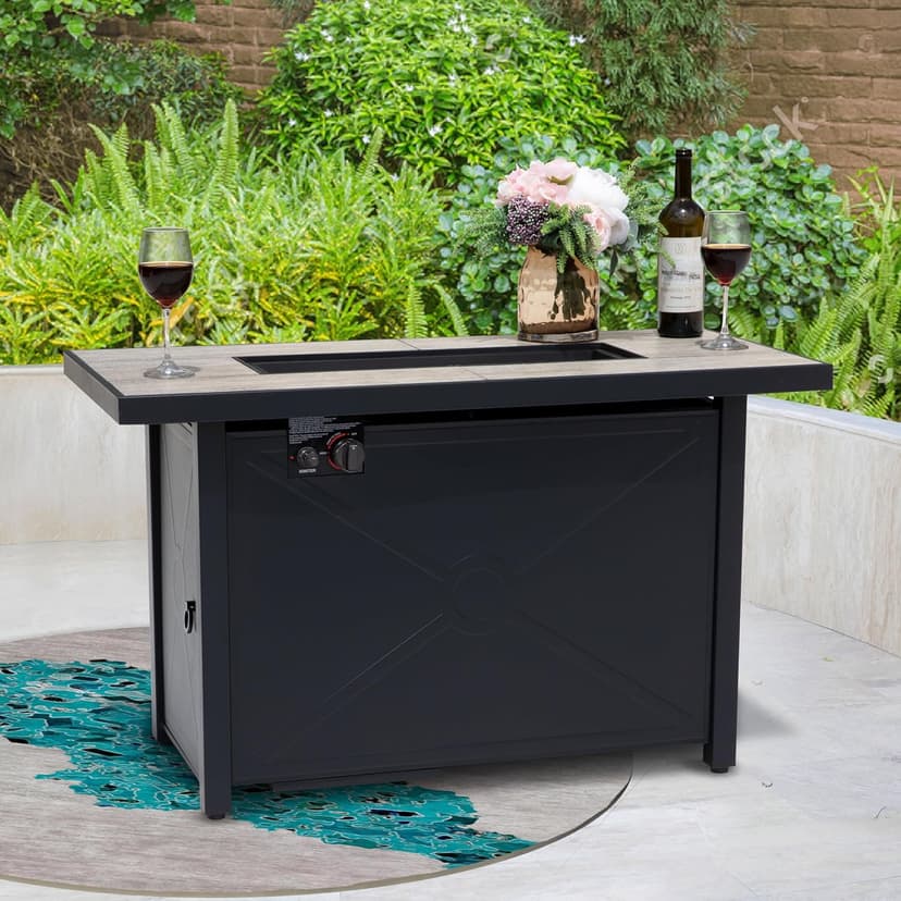 Nuu Garden Propane Fire Pit Table, CSA Certified 42 Inch 50,000 BTU Outdoor Propane Gas Cabinet Rectangle Fire Pit Table, Ceramic Tabletop, Rattan and Iron Frame, with Lid and Fire Glass Beads, Black
