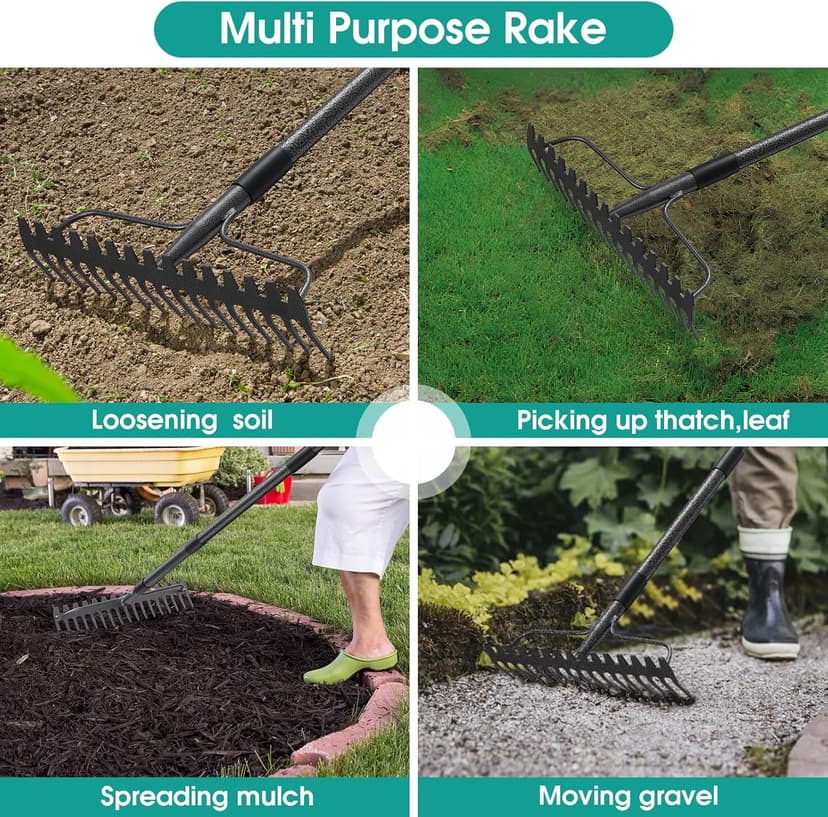 Rake, 49 Inch Garden Bow Rake with 17 Tines, Heavy Duty Raking Tool for Gardening Landscaping Loosening Soil Leveling Mulching Gravel Gathering Leaf Thatch Lawn Care