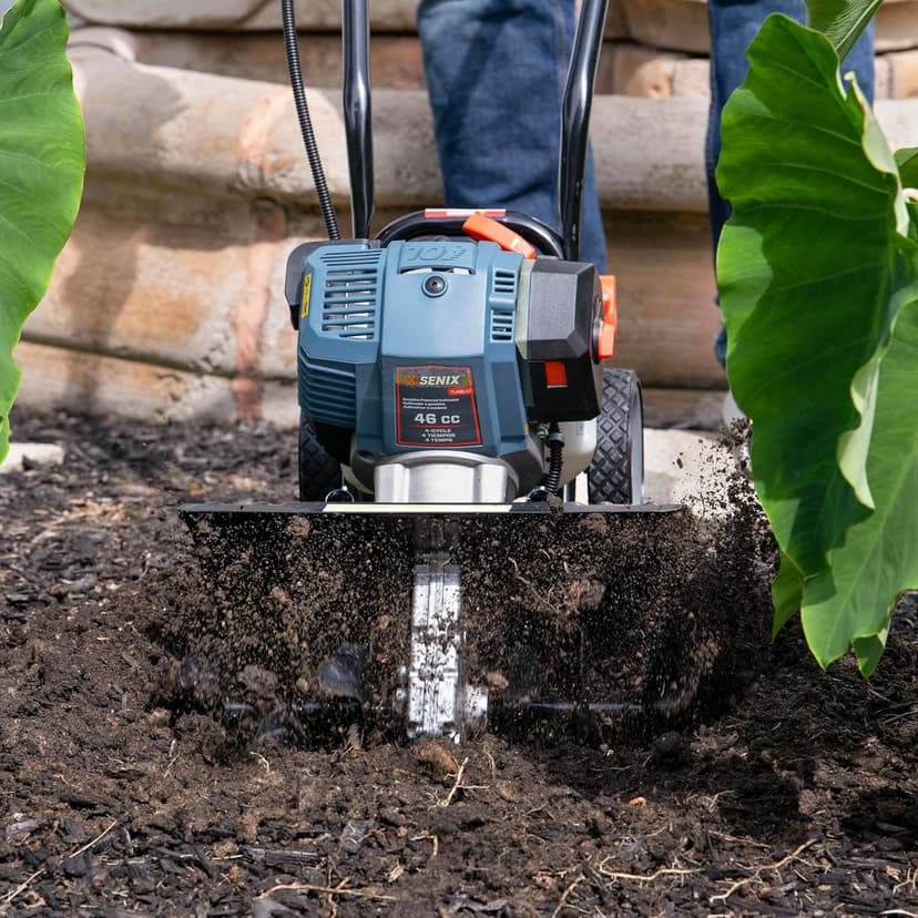 SENIX 4QL 4-Cycle Gas Powered Tiller Cultivator, 46cc Full Crank Engine, 15-Inch Tilling Width, 8-Inch Tilling Depth, Easy Start, Foldable Handles for Compact Storage (TL4QL-L1)
