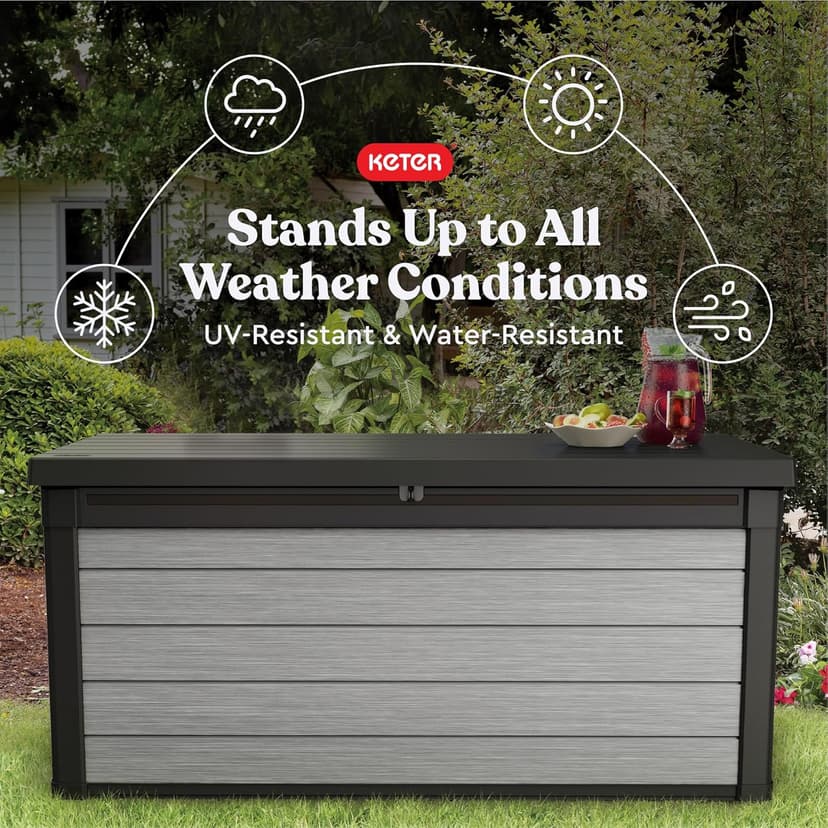 Keter Denali 150 Gallon Resin Large Deck Box with Double Wall 20mm Panels - Paintable and Drillable-Organization and Storage for Patio Storage Box and Outdoor Items, Grey & Black