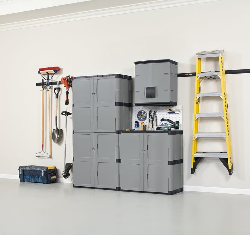 Rubbermaid Freestanding Storage Cabinet, Five Shelf with Double Doors, Lockable, Large, 690-Pound Capacity, Gray, For Garage/Outdoor, Garden Tools/Toys/Power Tools/Pool Accessories, Grey