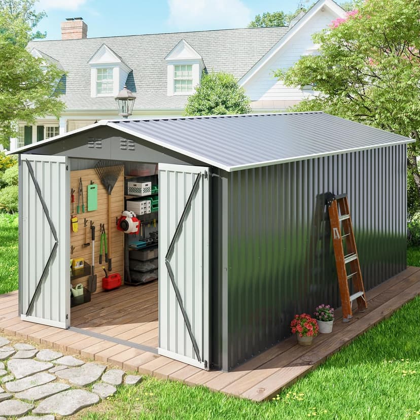10 x 12 FT Outdoor Storage Shed, Large Metal Tool Sheds with Updated Frame Structure and Lockable Doors, Garden Shed for Backyard Garden Patio Lawn, Grey