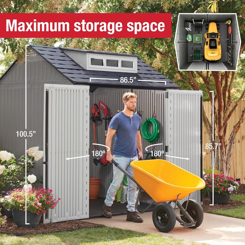 Rubbermaid Resin Outdoor Storage Shed With Floor (7 x 7 Ft), Weather Resistant, Gray, Organization for Home/Backyard/Garden Tools/Lawn Mower/Bike Storage/Pool Supplies