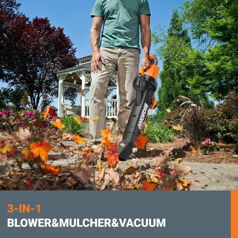 WORX 12 Amp Trivac 3-in-1 Electric Leaf Blower/Mulcher/Vacuum WG509 Metal Impeller for Fine Mulching