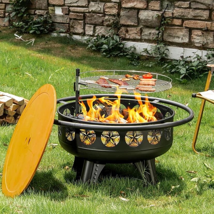 3-in-1 Fire Pit with Swivel Cooking Grate, 32 Inch Wood Burning Firepit with Grill, Outdoor Fire Pits Table with Metal Lid and Poker for Outside Patio Backyard BBQ Bonfire Camping (Black)